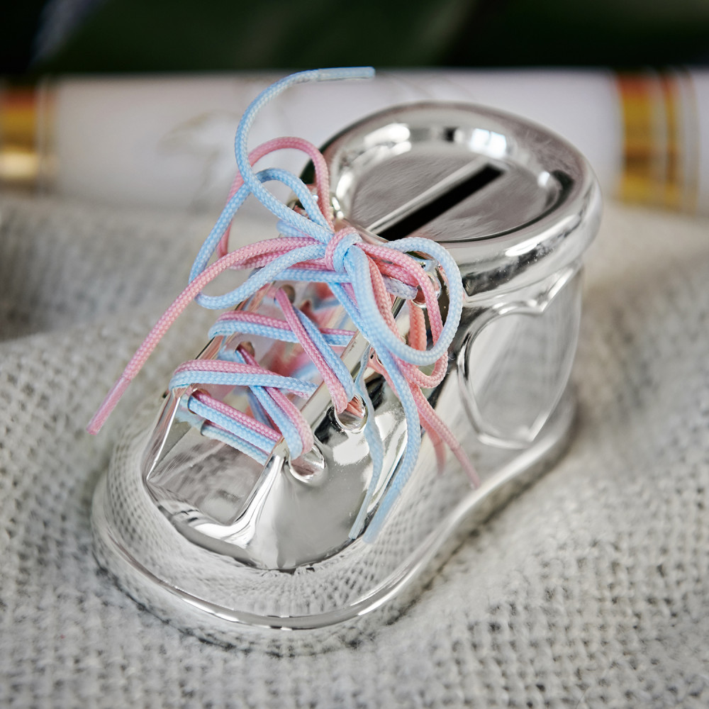 Name + Datum - versilberte Spardose Schuh - GeschenkSpeziell.de